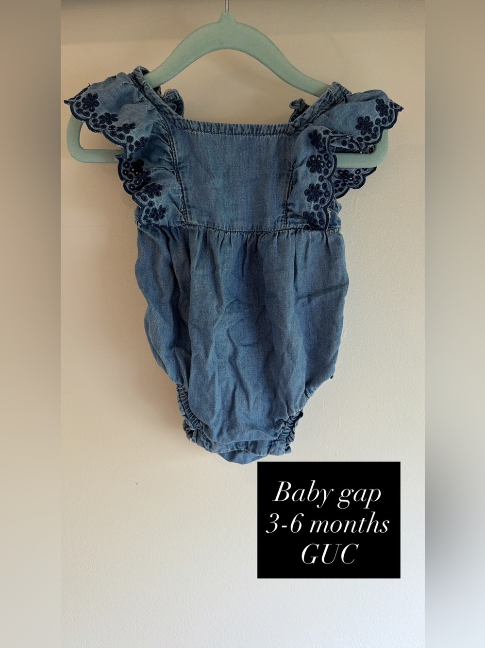 GAP Denim Baby Romper with Navy Floral Embroidered Ruffles